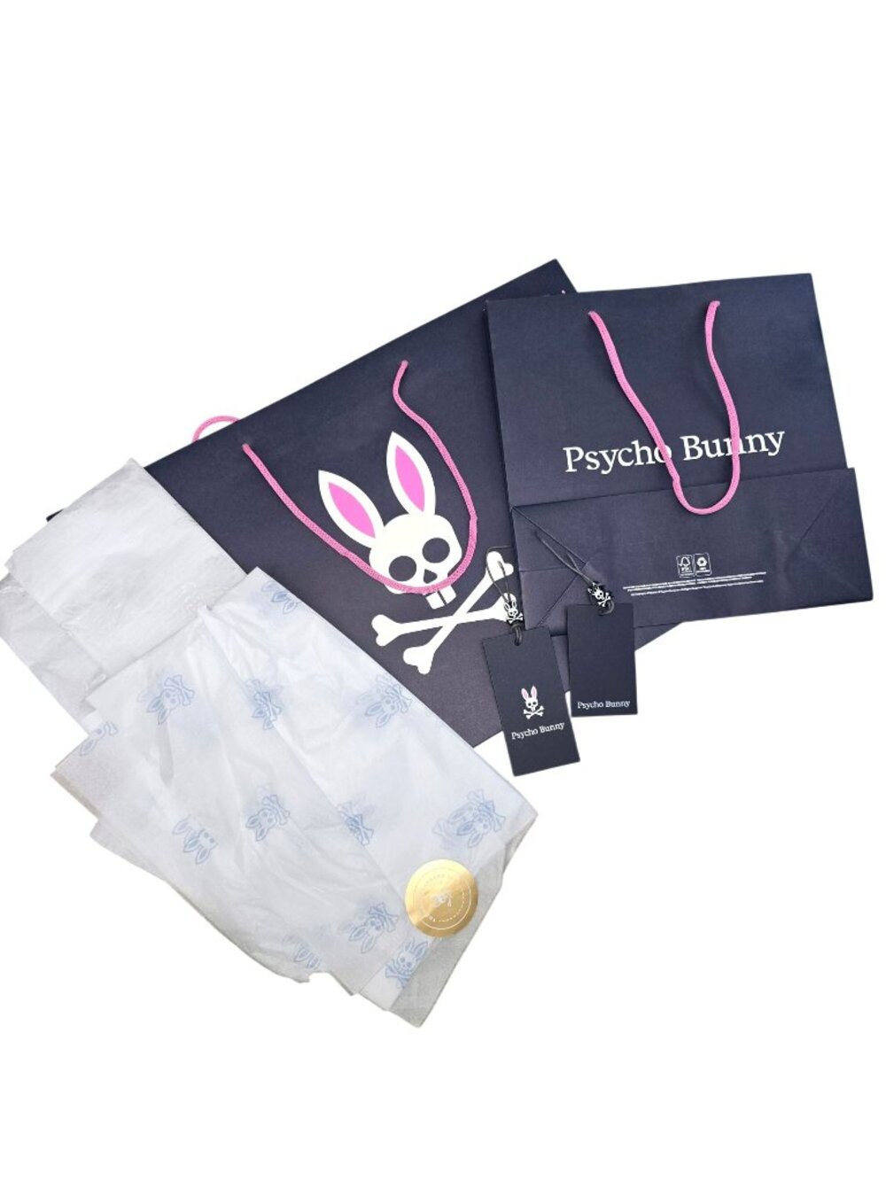 Psycho Bunny Gift Packaging Set - Bags Tissue Paper & Tags For Prop or Reuse VR9